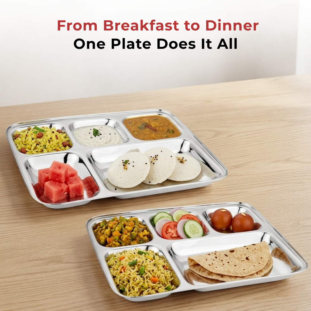 Vinod stainless steel 5 compartment bhojan thali with square edges, pack of 2, product view 10