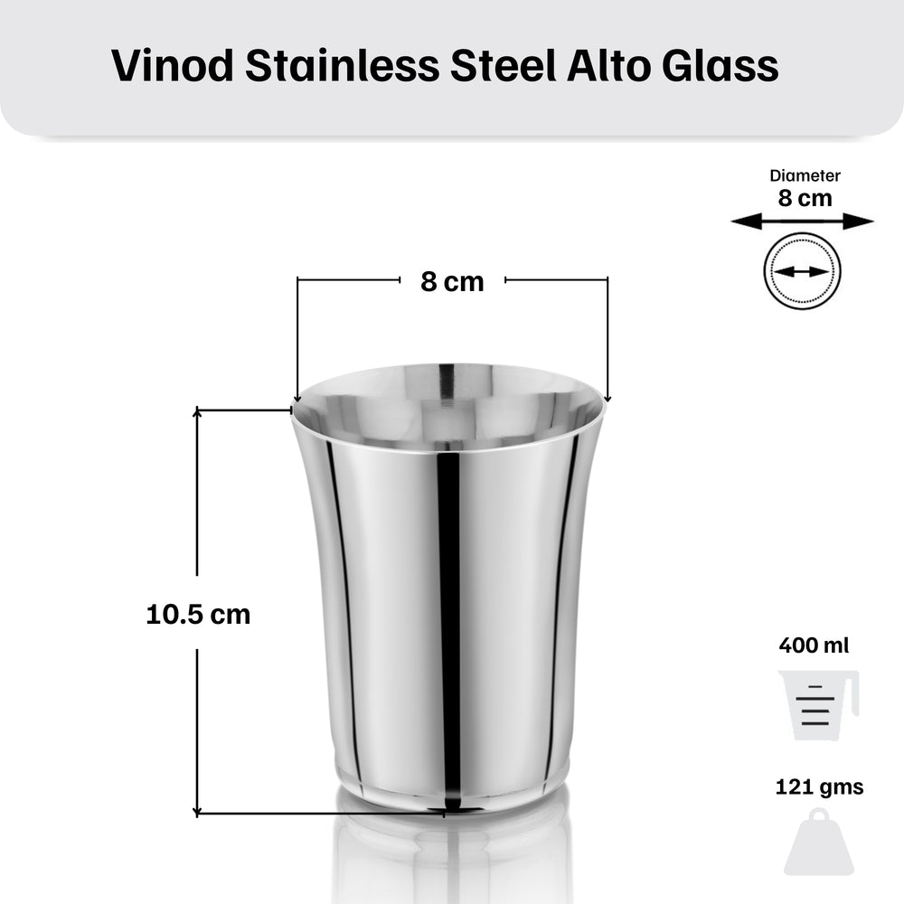 Vinod Alto stainless steel glass set of 6, 400 ml, mirror finish, size detail