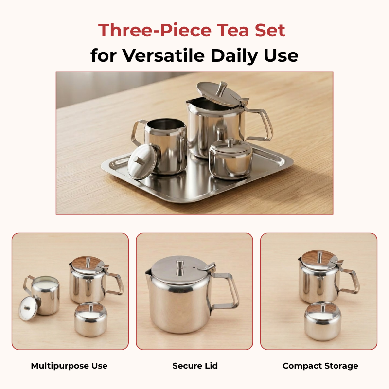 Vinod stainless steel 3 piece large tea set, 1000 ml tea pot with 250 ml milk and sugar pots, product view 11