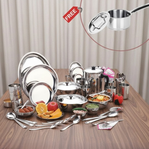 Vinod Doniv 51 piece deluxe dinner set for six with free saucepan in two boxes, front view