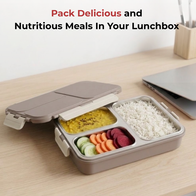 Vinod stainless steel 3 compartment tiffin in grey, silicone-sealed airtight lid, product view 11