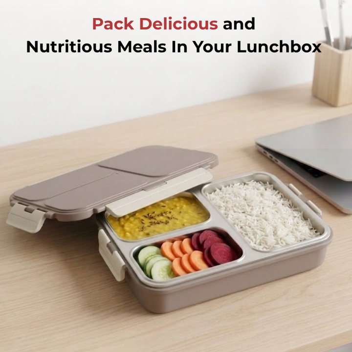 VINOD Stainless Steel 3 Compartment Gray, Airtight Silicone-Sealed Lid, Food-Grade Steel Tray, Insulated, Secure Clips & Lightweight