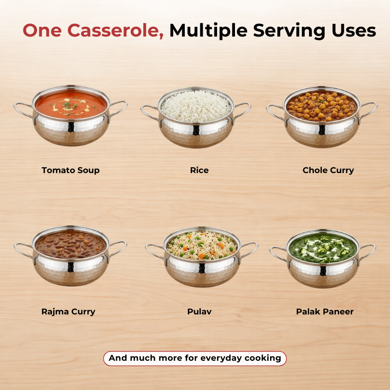 Vinod Stainless Steel Milano Hammered Serving Casserole With Steel Lid & Side Handle - Set of 2 Pcs - 1230 ml & 1630 ml - 16 cm & 18 cm