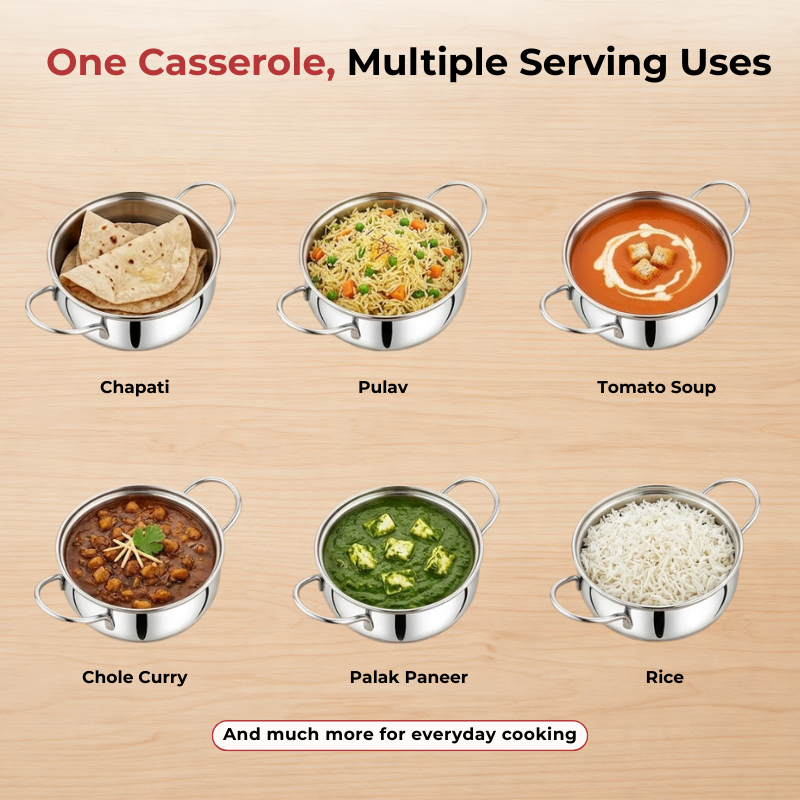 Vinod Stainless Steel Milano Plain Serving Casserole with Steel Lid & Side Handles, product view 10