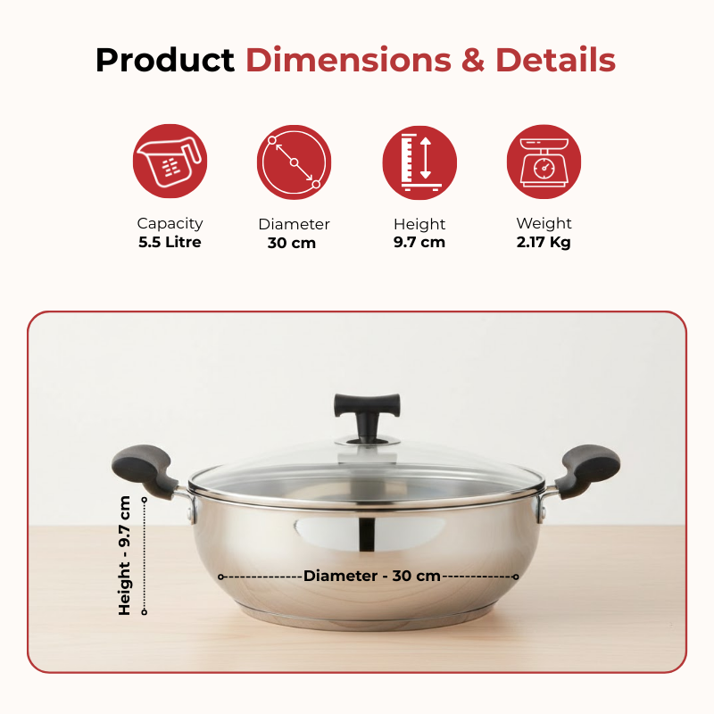 Vinod Doniv Sorrento sandwich bottom stainless steel kadai with lid, 30 cm, 5.5 litre, product view 9