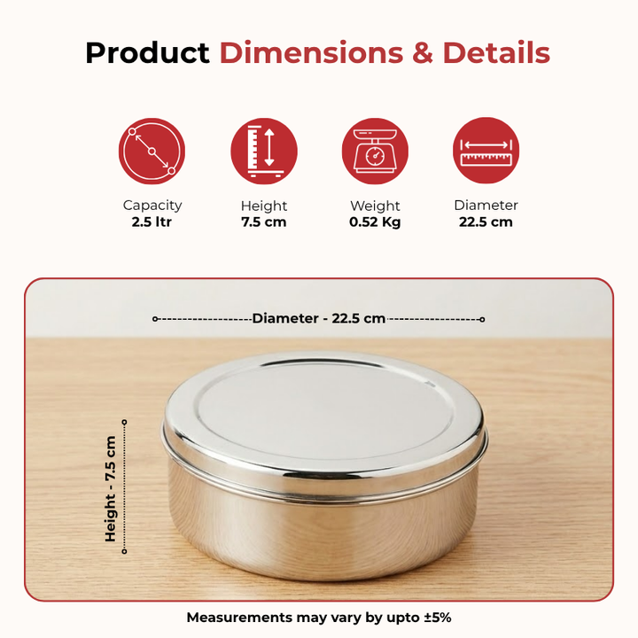 VINOD Stainless Steel Puri Dabba Set of 4 - Capacity: 1200 ml, 1500 ml, 2100 ml, 2500 ml, Heavy Gauge Steel, Airtight Lids & Mirror Finish