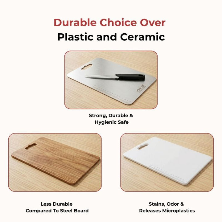 VINOD Stainless Steel Chopping Board in 30.5 X 20 cm Size with Knife-Friendly Surface, Rust Free Build and Hygienic Easy-Clean Finish