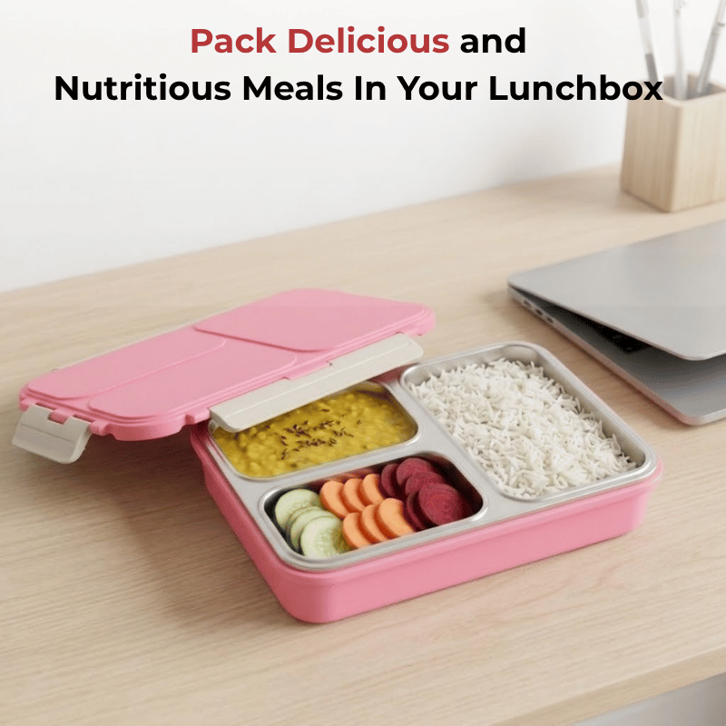 Vinod stainless steel 3 compartment tiffin in pink, silicone-sealed airtight lid, product view 11