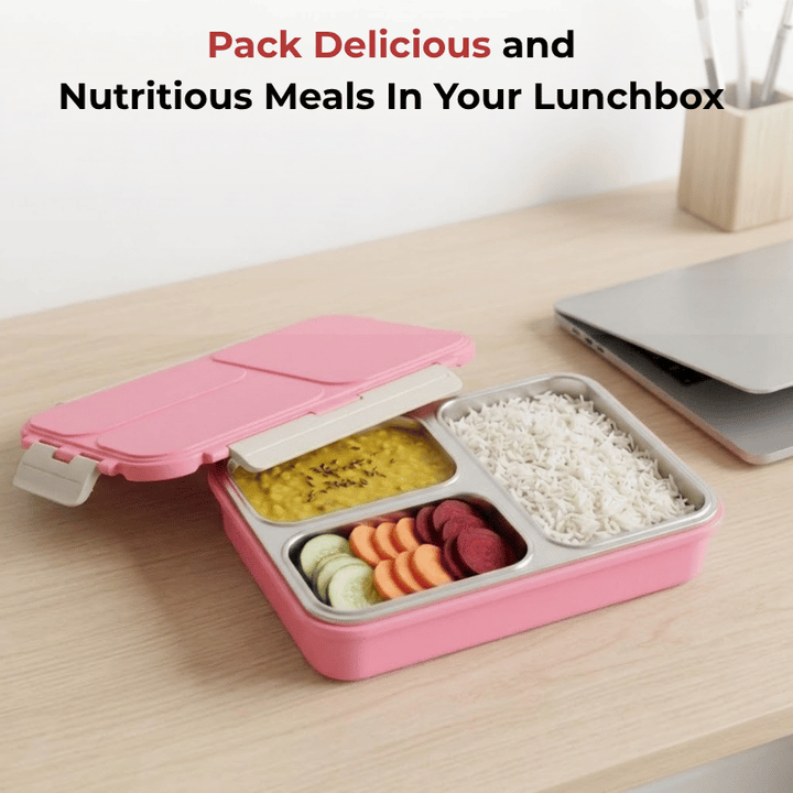 VINOD Stainless Steel Tiffin 3 Compartment Pink, Airtight Silicone-Sealed Lid, Insulated, Food-Grade Steel, Secure Side Clips
