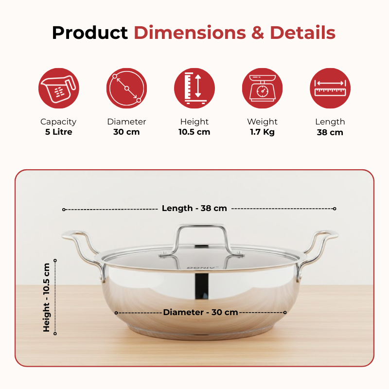 Vinod – Doniv Stainless Steel Majestic Sandwich Bottom Kadai with Steel Lid (5 Liter/ 30 cm) - Induction Friendly