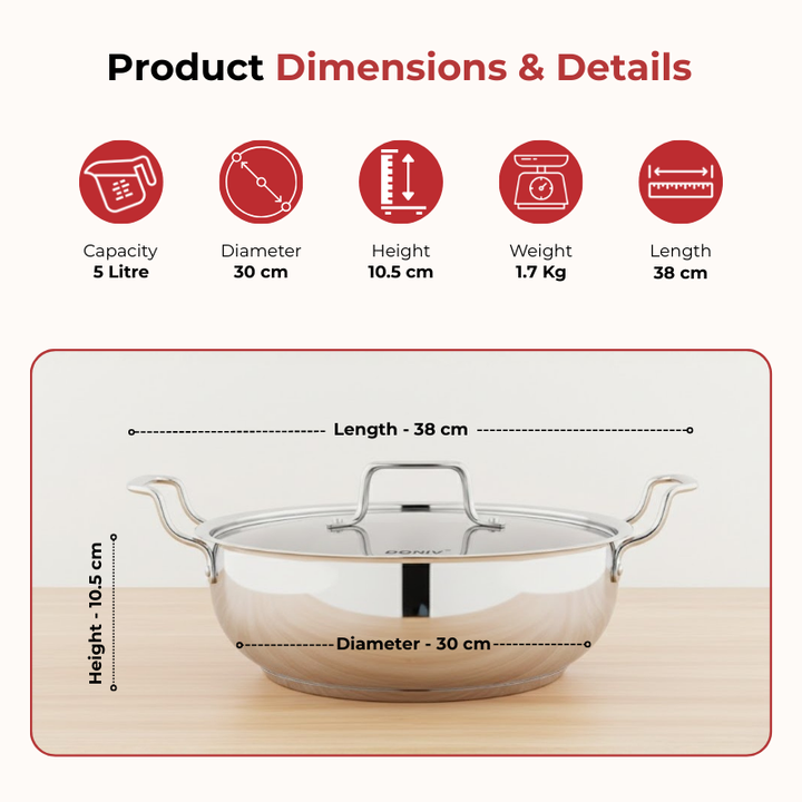 Vinod – Doniv Stainless Steel Majestic Sandwich Bottom Kadai with Steel Lid (5 Liter/ 30 cm) - Induction Friendly