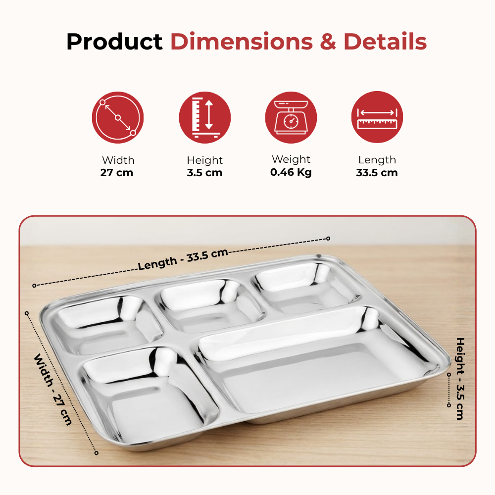 Vinod stainless steel 5 compartment bhojan thali with square edges, pack of 2, product view 11