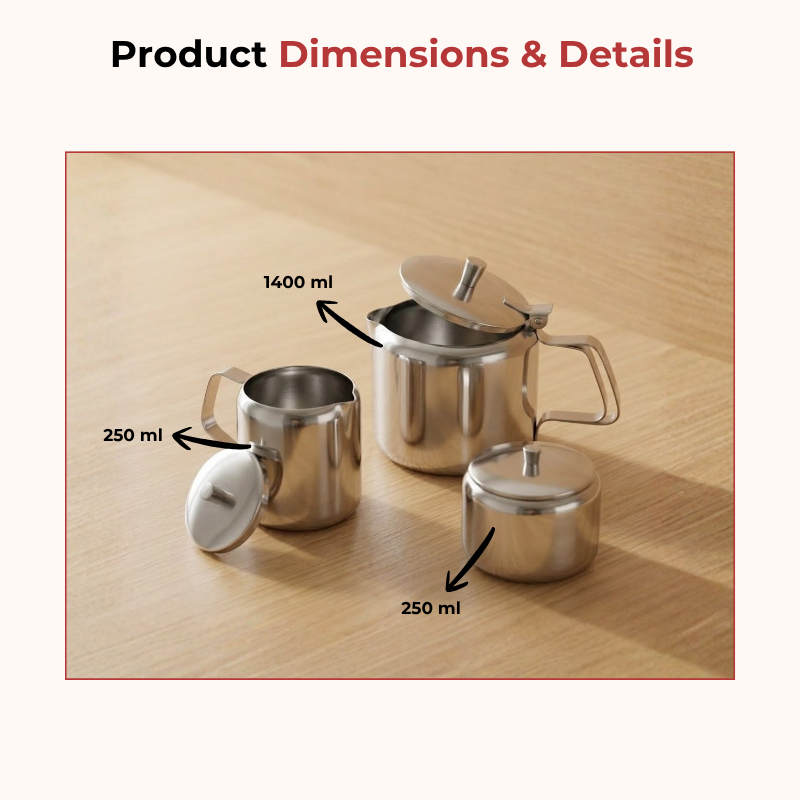 Vinod stainless steel 3 piece jumbo tea set, 1400 ml tea pot with 250 ml milk and sugar pots, product view 11