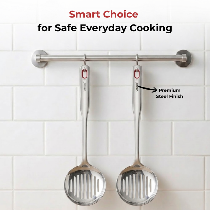 VINOD Stainless Steel Queens Skimmer Slotted Spoon Set of 2 - 36.5 cm, Highest Grade Stainless Steel, Rust Free, Dishwasher Safe - No. 1