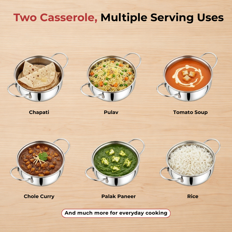 Vinod Stainless Steel Milano Plain Serving Casserole With Steel Lid & Side Handle - Set of 2 Pcs - 1230 ml & 1630 ml - 16 cm & 18 cm