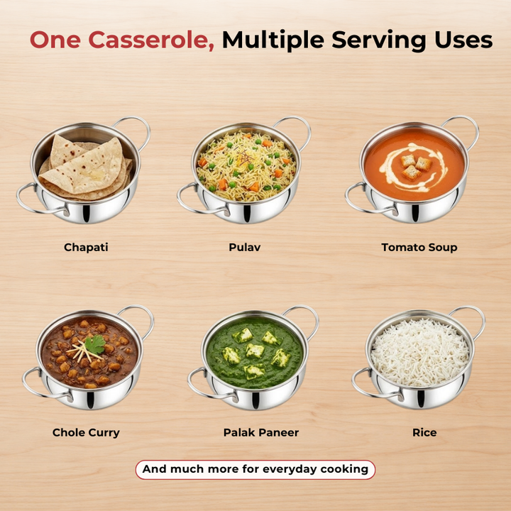 Vinod Stainless Steel Milano Plain Serving Casserole With Steel Lid & Side Handle 1630 ml, 18 cm