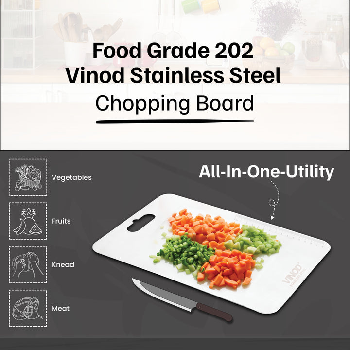 विनोद स्टेनलेस स्टील चॉपिंग बोर्ड - रसोई के लिए कॉम्पैक्ट 30.5 x 20 सेमी कटिंग बोर्ड, जंग-रोधी, अत्यधिक टिकाऊ, जगह बचाने वाला, मांस, फल और सब्जियों के लिए आदर्श