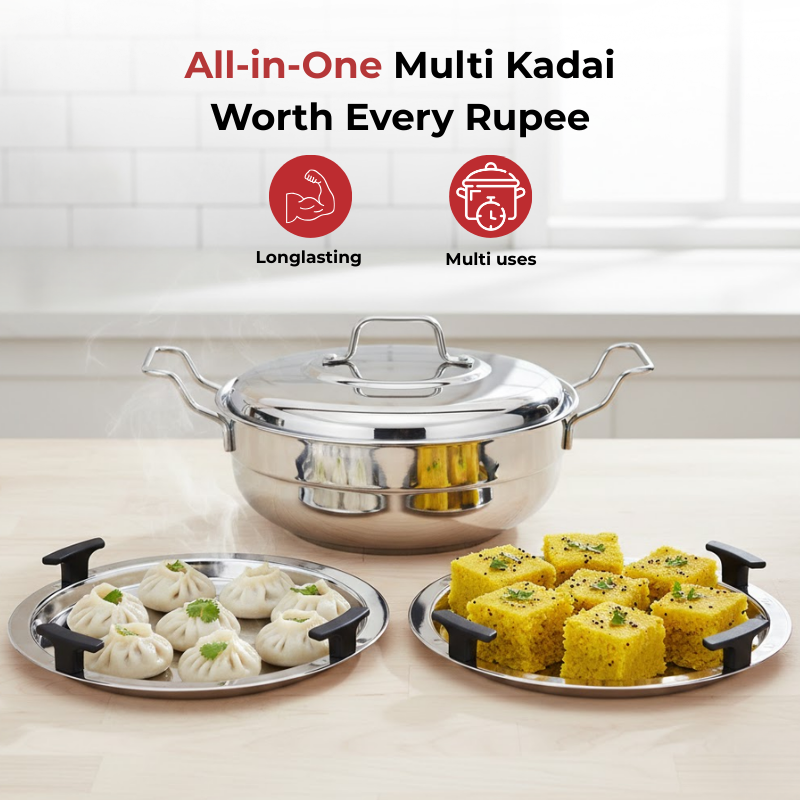 Vinod Doniv stainless steel induction bottom multi kadhai with 5 cooking plates, all in one cooking graphic