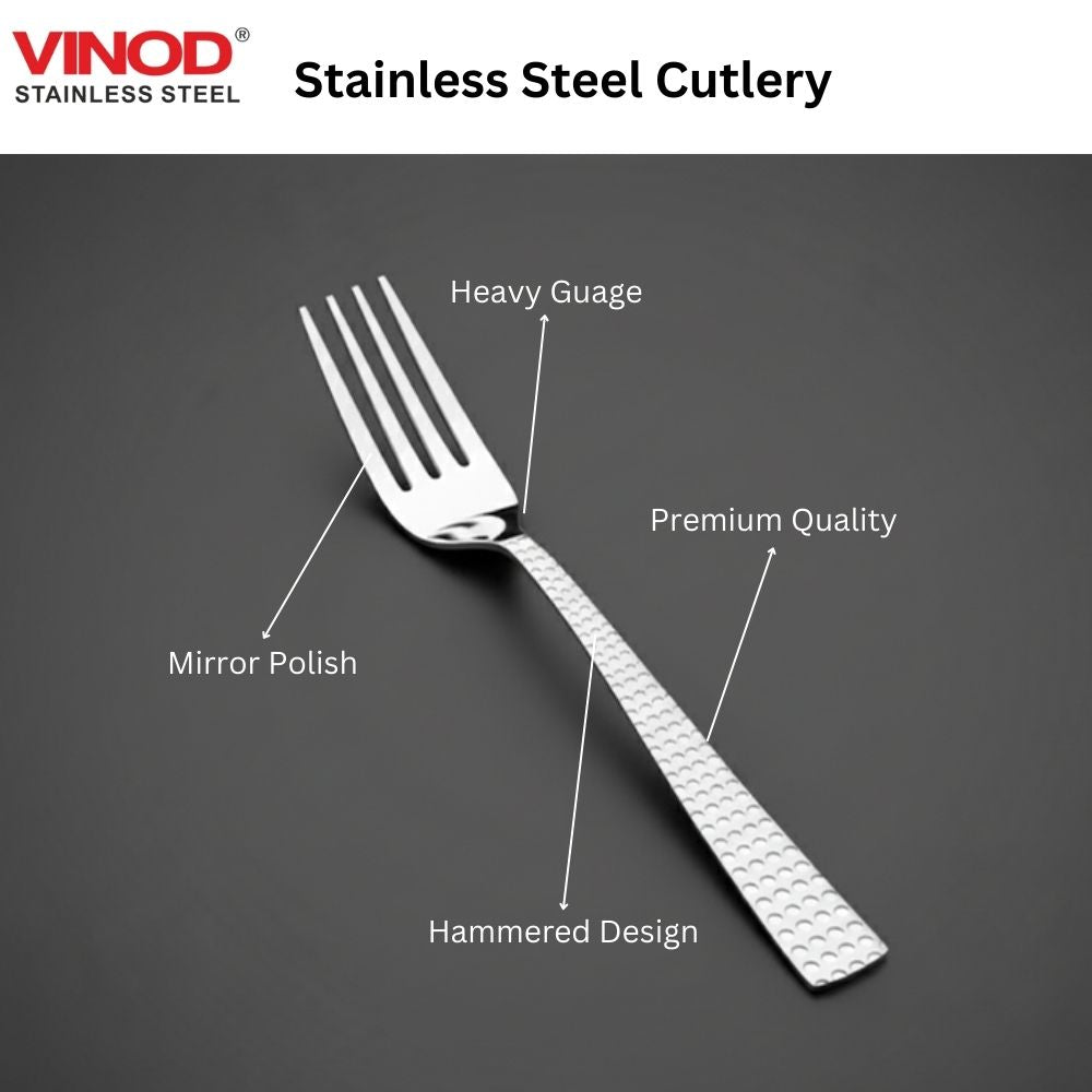 Vinod Stainless Steel 12 Pcs Hammered Finish Baby Fork, Cutlery Set, Rust Free, Mirror Polish, Premium Dinner Spoon, Tableware, Silver
