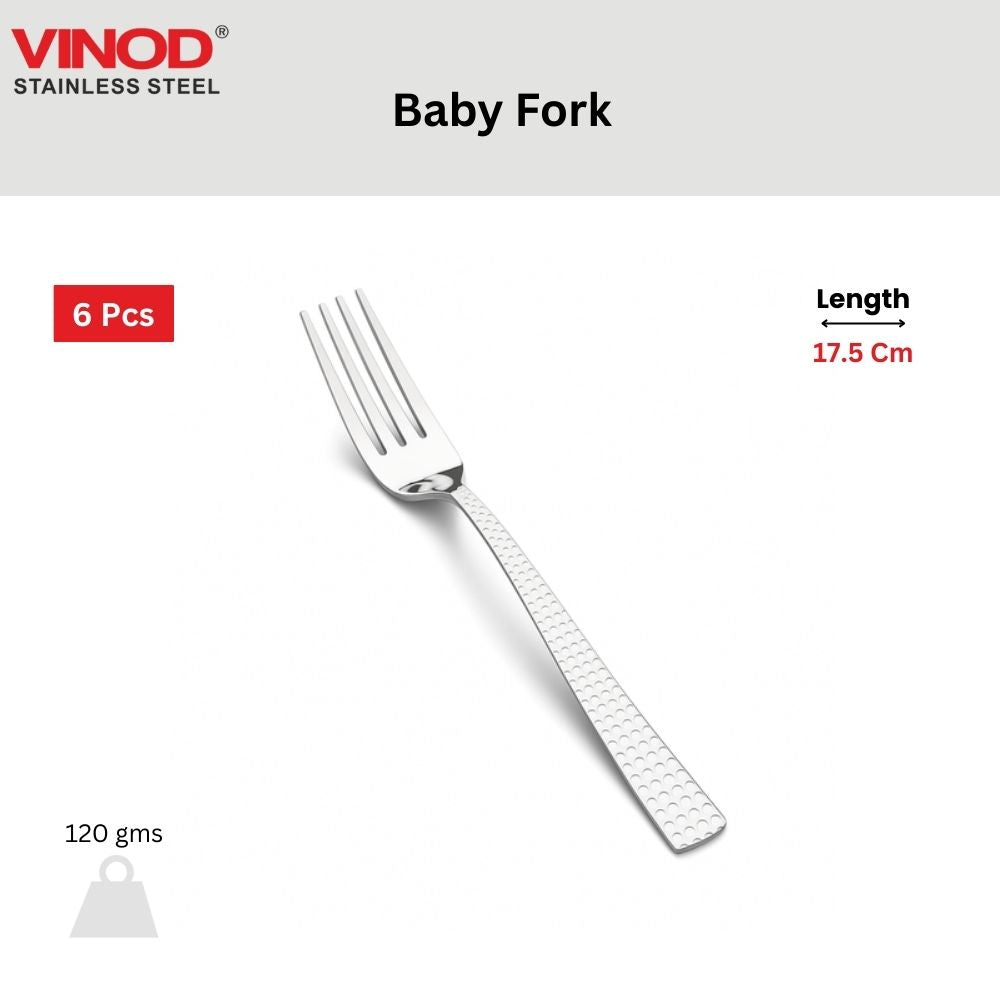 Vinod Stainless Steel 12 Pcs Hammered Finish Baby Fork, Cutlery Set, Rust Free, Mirror Polish, Premium Dinner Spoon, Tableware, Silver