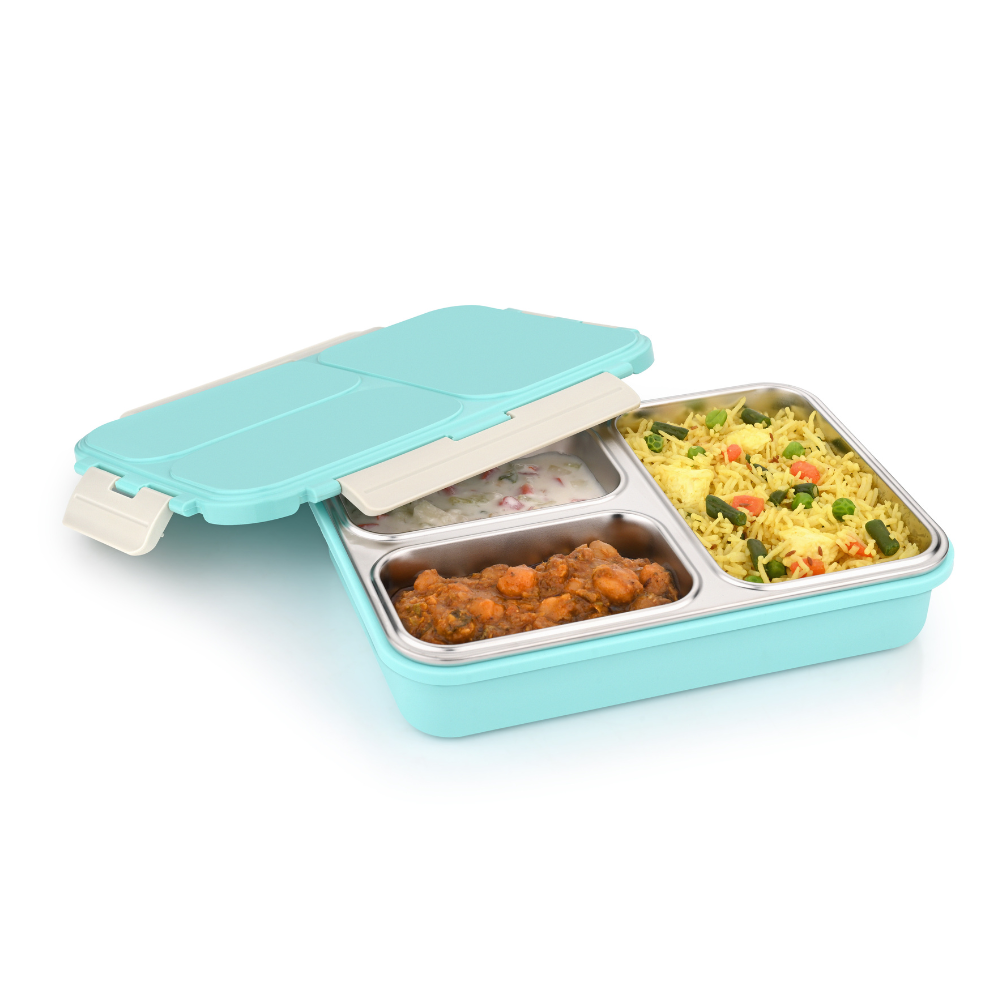 Vinod Stainless Steel 3 Compartment Leak-Proof Lunch Box Vacuum Sealed Tiffin Box for Office, Kids & Adults Freezer Safe Bento Box Airtight Container, Insulated with Safety Lock, Blue