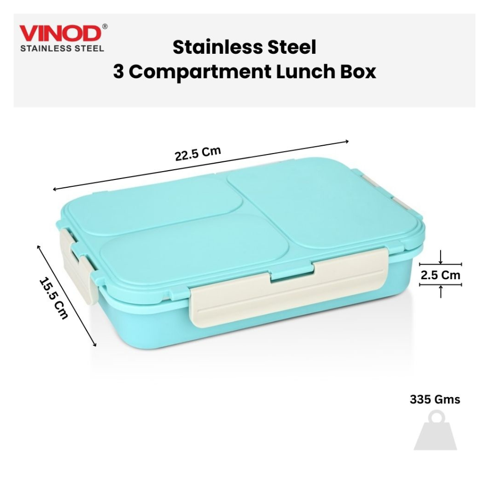 Vinod Stainless Steel 3 Compartment Leak-Proof Lunch Box Vacuum Sealed Tiffin Box for Office, Kids & Adults Freezer Safe Bento Box Airtight Container, Insulated with Safety Lock, Blue