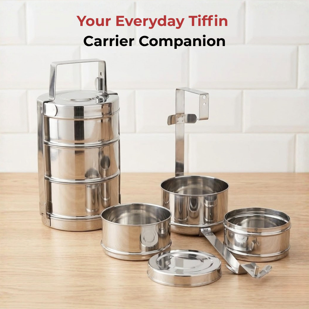 Vinod Bombay Stainless Steel Tiffin 3 Compartment, in-use view