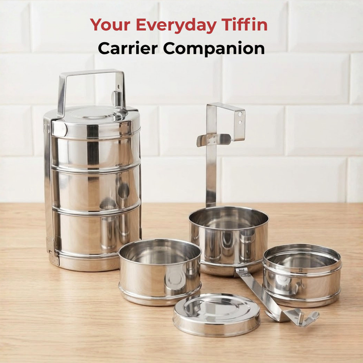 VINOD Bombay Stainless Steel Tiffin 3 Compartment 9 Inch, Mirror Finish, Tough & Strong, Leak Resistant and Easy to Clean