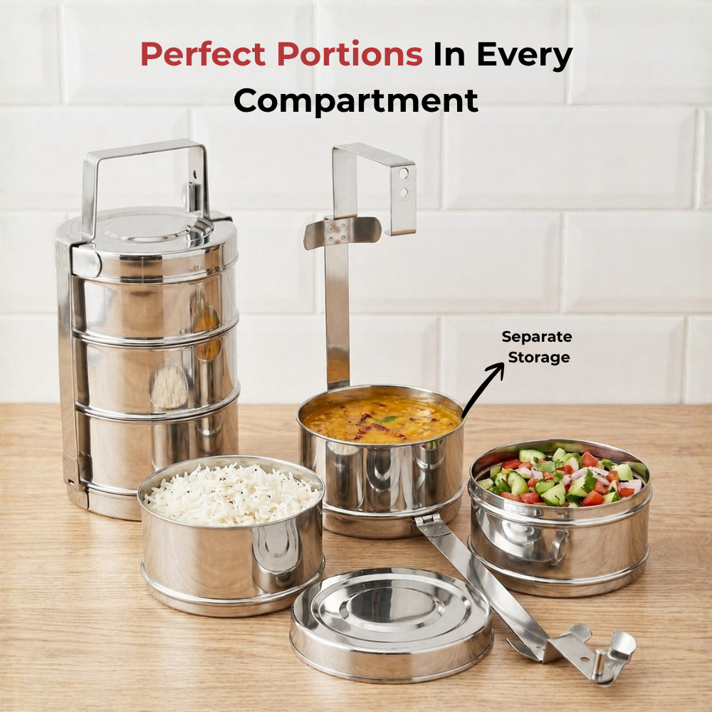 Vinod Bombay Stainless Steel Tiffin 3 Compartment, angled view