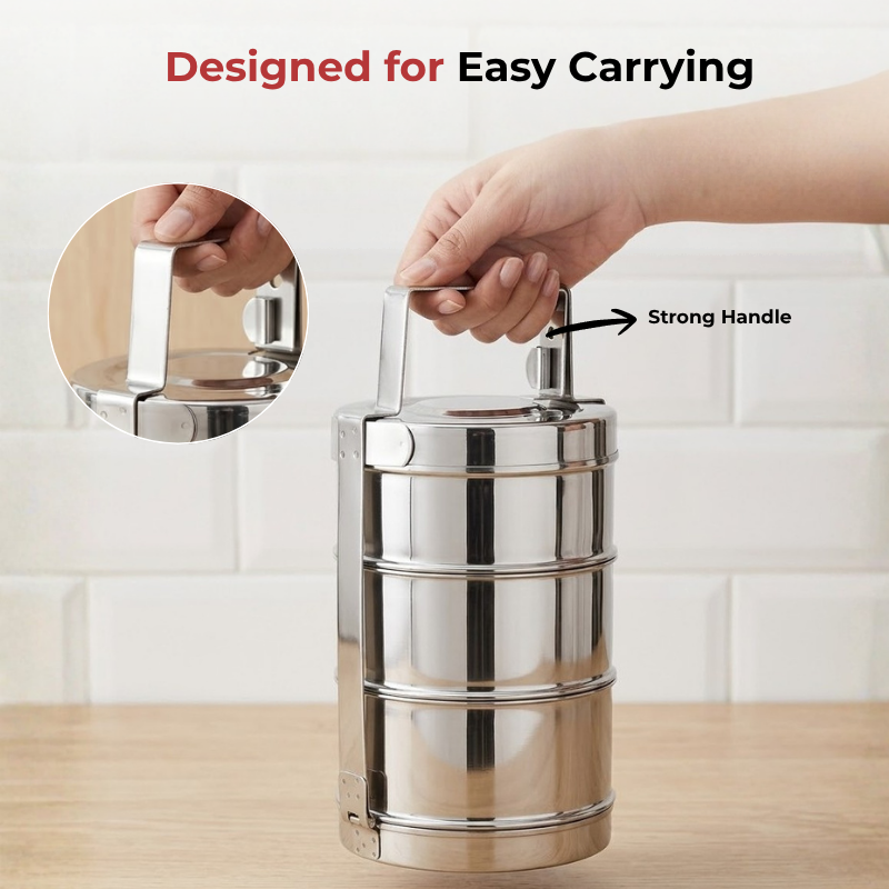 VINOD Bombay Stainless Steel Tiffin 3 Compartment 9 Inch, Mirror Finish, Tough & Strong, Leak Resistant and Easy to Clean
