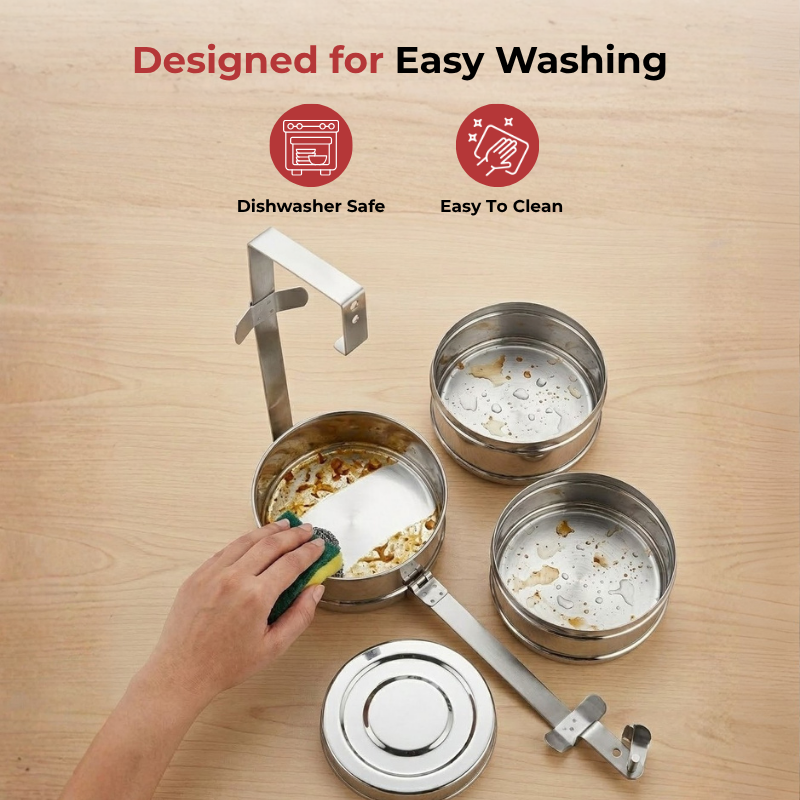 VINOD Bombay Stainless Steel Tiffin 3 Compartment 9 Inch, Mirror Finish, Tough & Strong, Leak Resistant and Easy to Clean