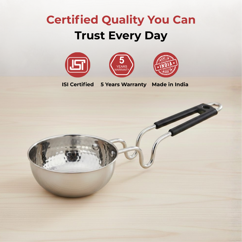 Vinod claro heavy gauge stainless steel hammered tadka pan, 1.5 mm, close-up detail