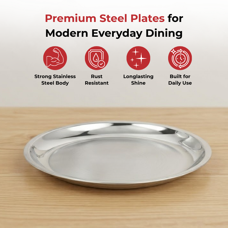 VINOD Stainless Steel China Dish Set of 6 - 25 cm, Serving Dish, Salad Plate, Snack Plate, Highest Quality Stainless Steel, Mirror Finish, Rust Free