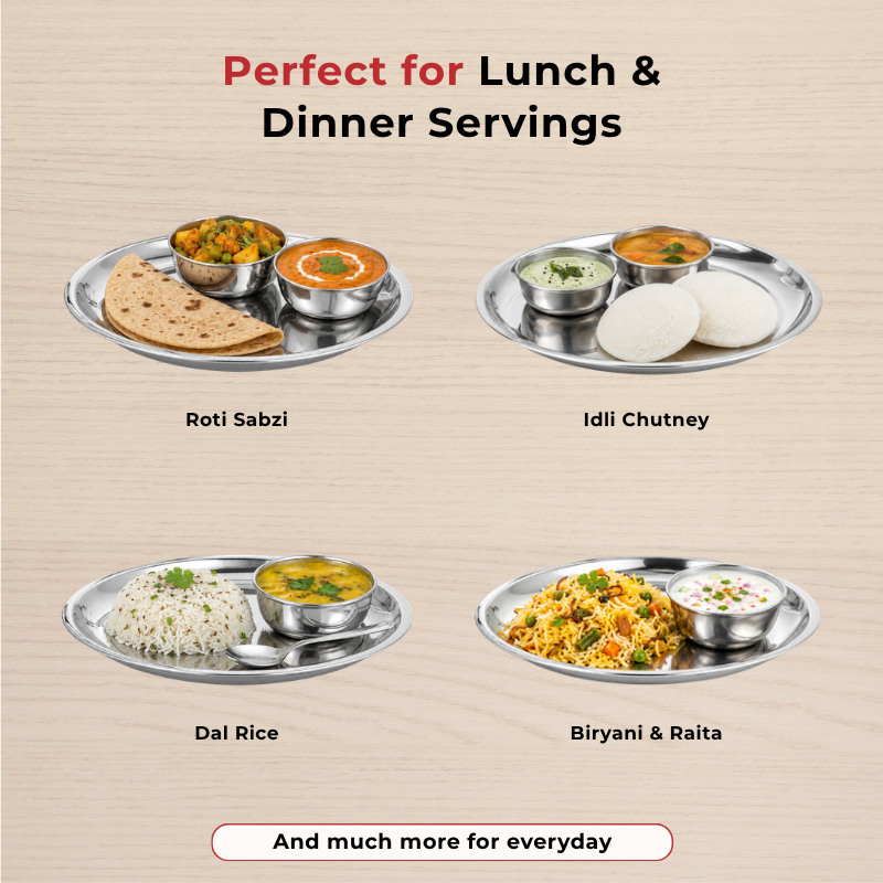 VINOD Stainless Steel China Dish Set of 6 - 25 cm, Serving Dish, Salad Plate, Snack Plate, Highest Quality Stainless Steel, Mirror Finish, Rust Free