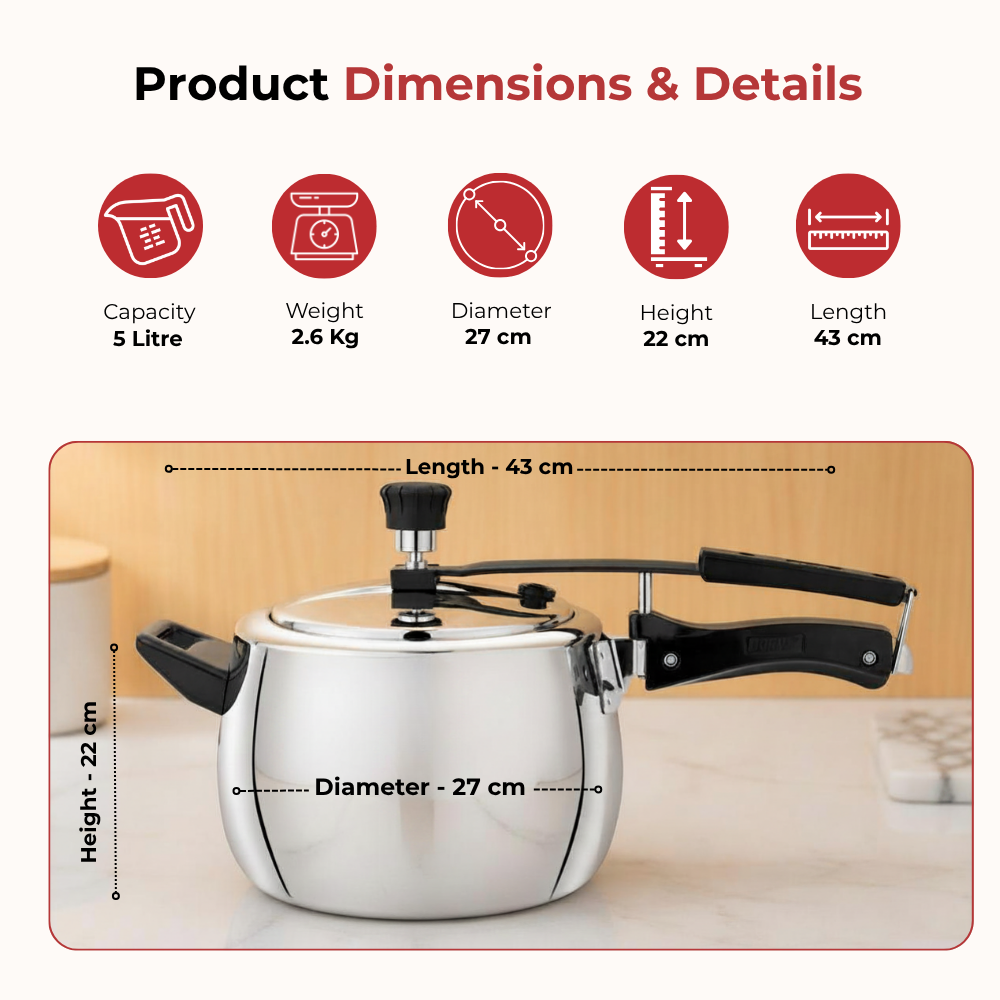 Vinod Doniv Titanium Triply stainless steel pressure cooker with inner lid, 5 litre, dimension chart
