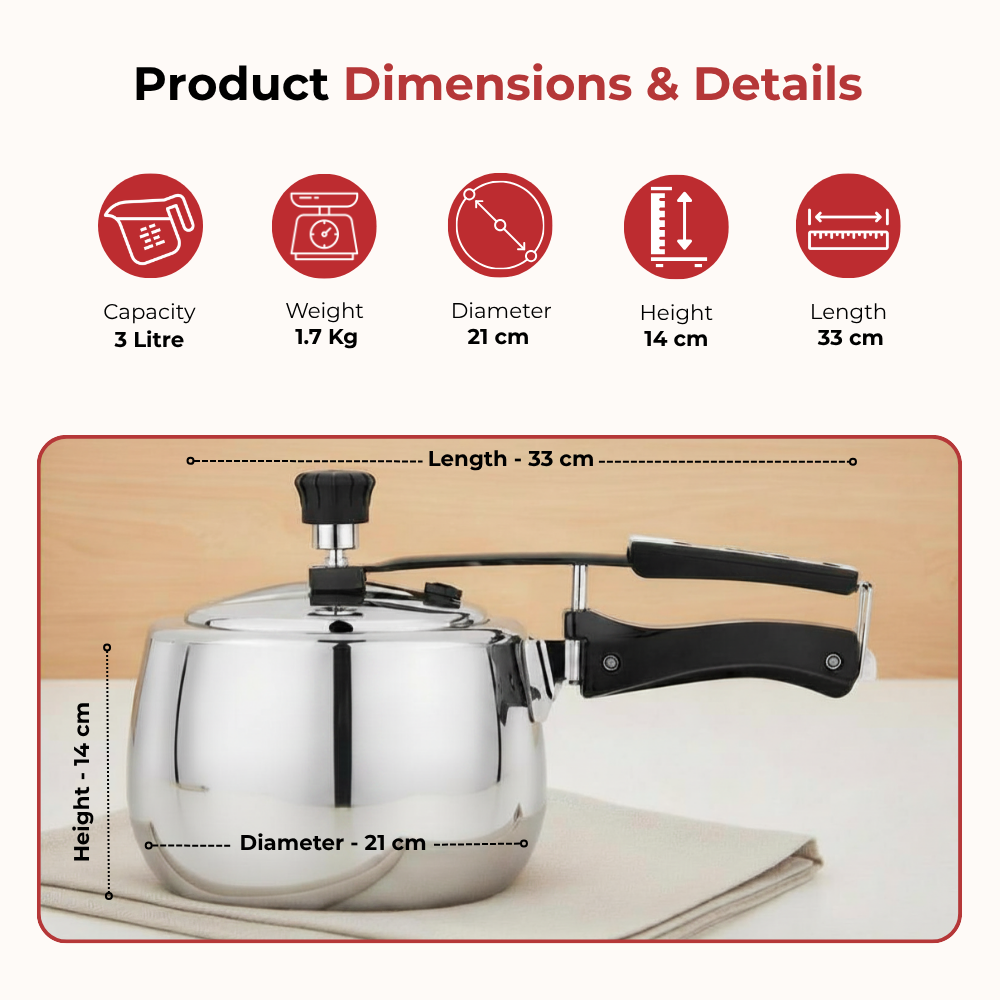 Vinod Doniv Titanium Triply stainless steel pressure cooker with inner lid, 3 litre, dimension chart