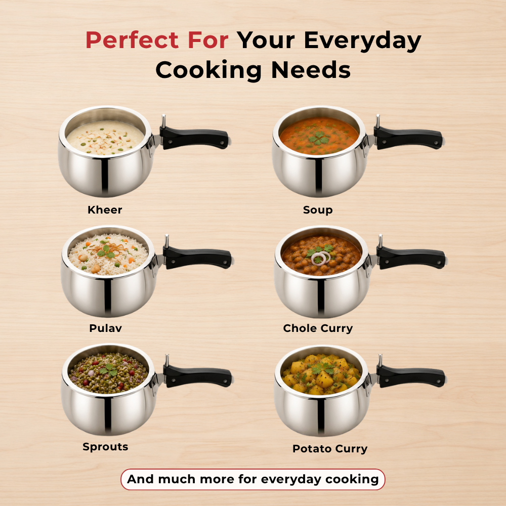 Vinod Doniv Titanium Triply stainless steel pressure cooker with inner lid, 2 litre, everyday cooking needs graphic