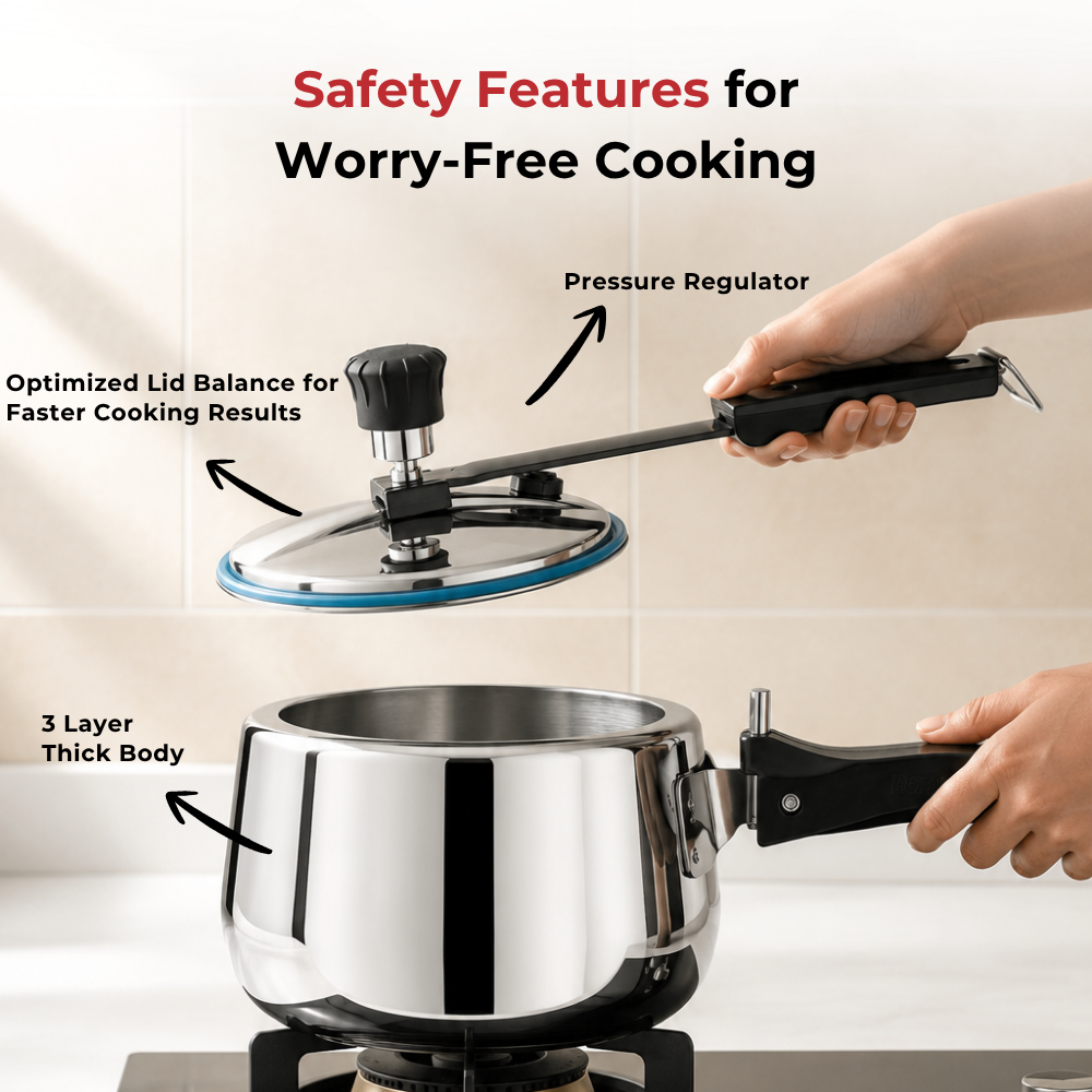 Vinod Doniv Titanium Triply stainless steel pressure cooker with inner lid, 2 litre, safety features overview