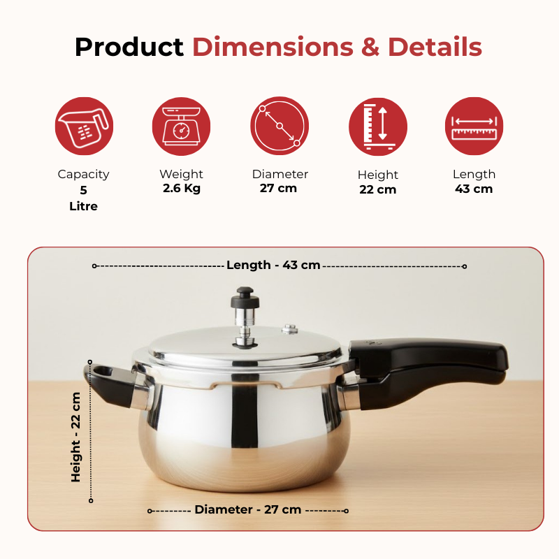 Vinod Doniv Titanium Triply Stainless Steel Pressure Cookers 5 Ltr, dimension chart
