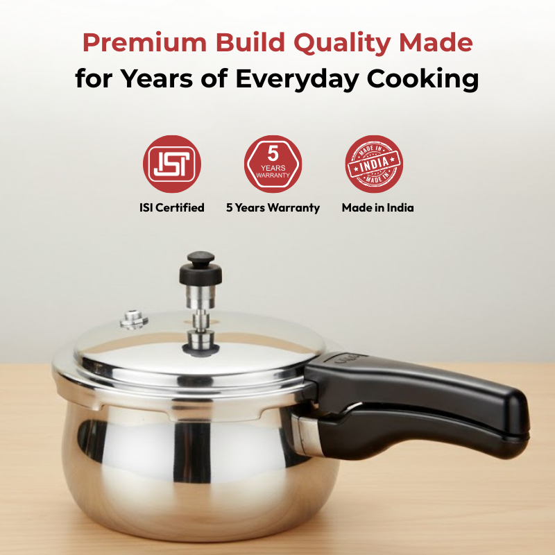 Vinod Doniv Titanium Triply Stainless Steel Pressure Cookers, angled view