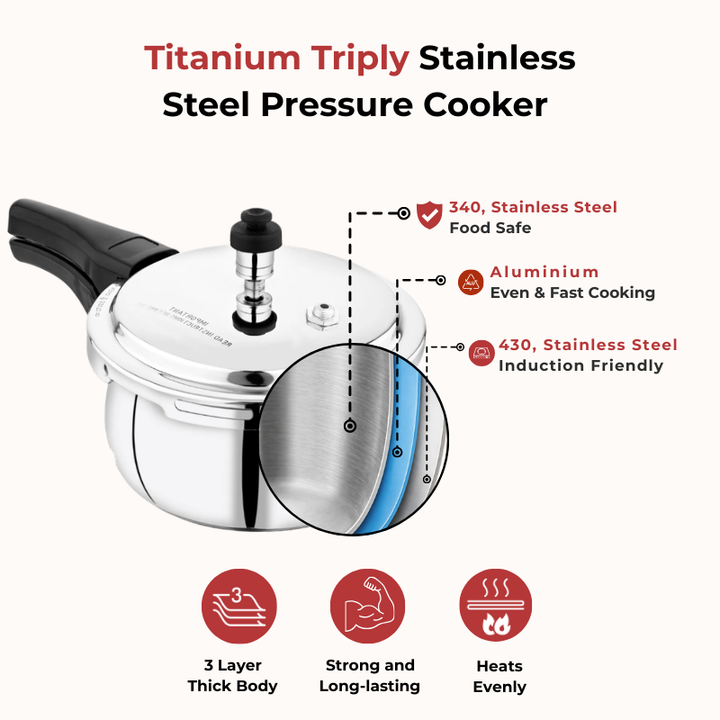 VINOD Doniv Titanium Triply Stainless Steel Pressure Cookers 3 Ltr, Outer Lid, Induction Friendly