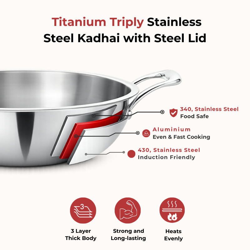 VINOD Doniv Titanium Triply Stainless Steel Kadhai with Steel Lid (20 cm), Capacity 1.65 Liter, Induction Friendly