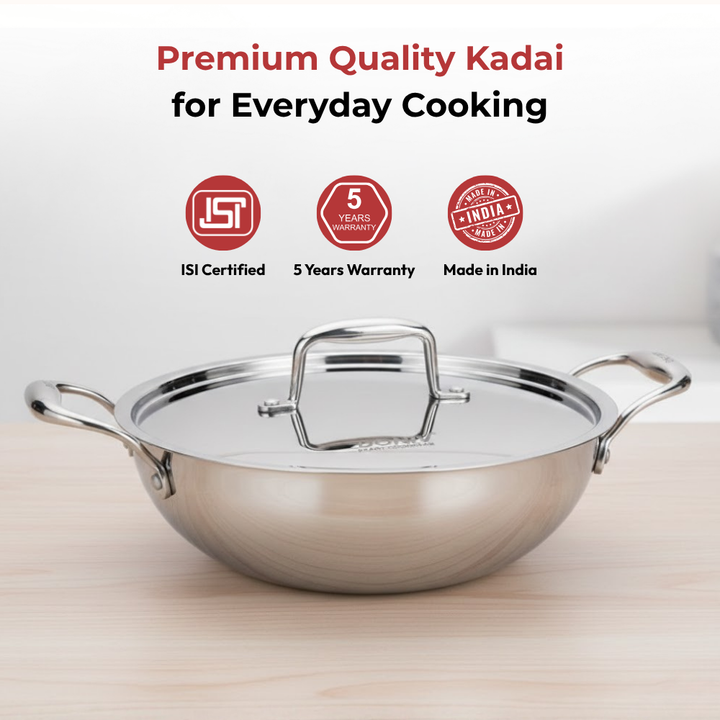 VINOD Doniv  Triply Kadai with Lid for Cooking Heavy Bottom 3.2 litres Deep Kadhai Pan with Side Handles, Induction & Gas Stove Compatible, Dishwasher Safe