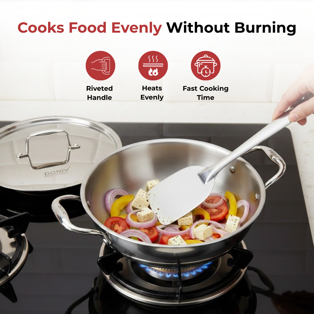 Vinod Doniv Triply Kadai with Lid for Cooking Heavy Bottom Deep Kadhai Pan with Side Handles, close-up detail