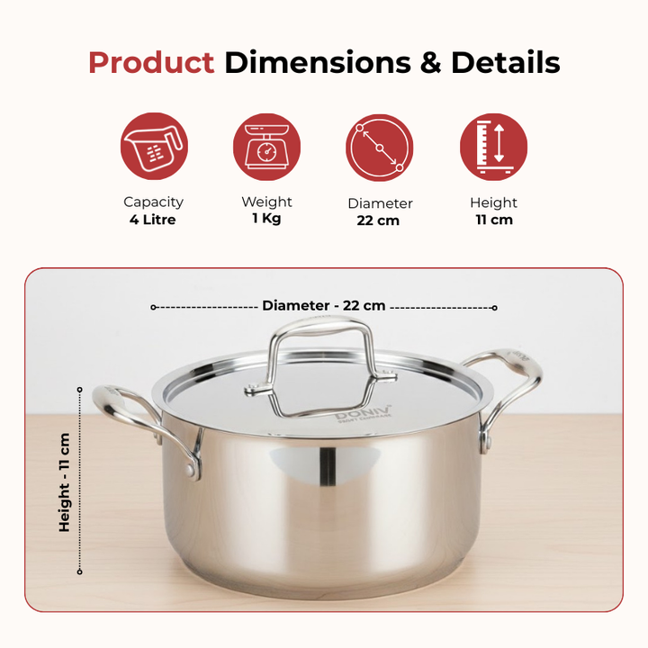 VINOD Doniv Titanium Triply Stainless Steel Sauce Pot with Cover 22 cms, Capacity 4.00 Liter