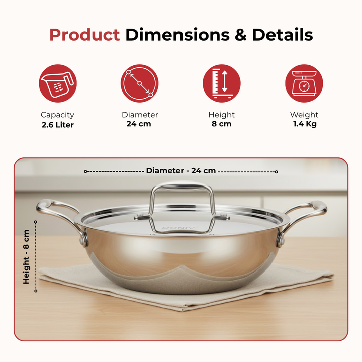 VINOD Doniv  Triply Kadai with Lid for Cooking Heavy Bottom 3.2 litres Deep Kadhai Pan with Side Handles, Induction & Gas Stove Compatible, Dishwasher Safe