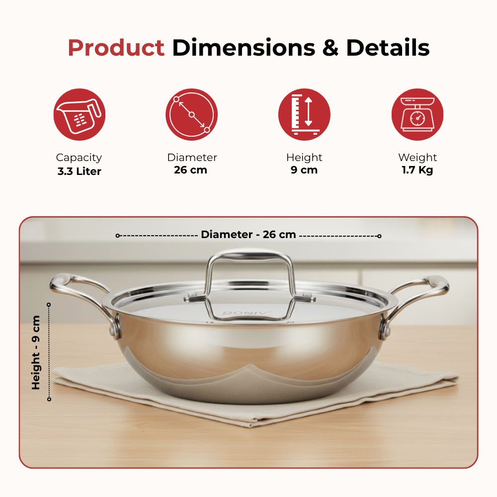 Vinod Doniv triply stainless steel kadai with lid, 4.4 litre, side handles, dimension chart