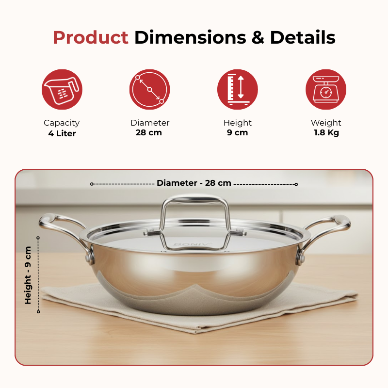 Vinod Doniv Titanium Triply Stainless Steel Kadhai with Steel Lid (28 cm), 4.00 Liter, dimension chart