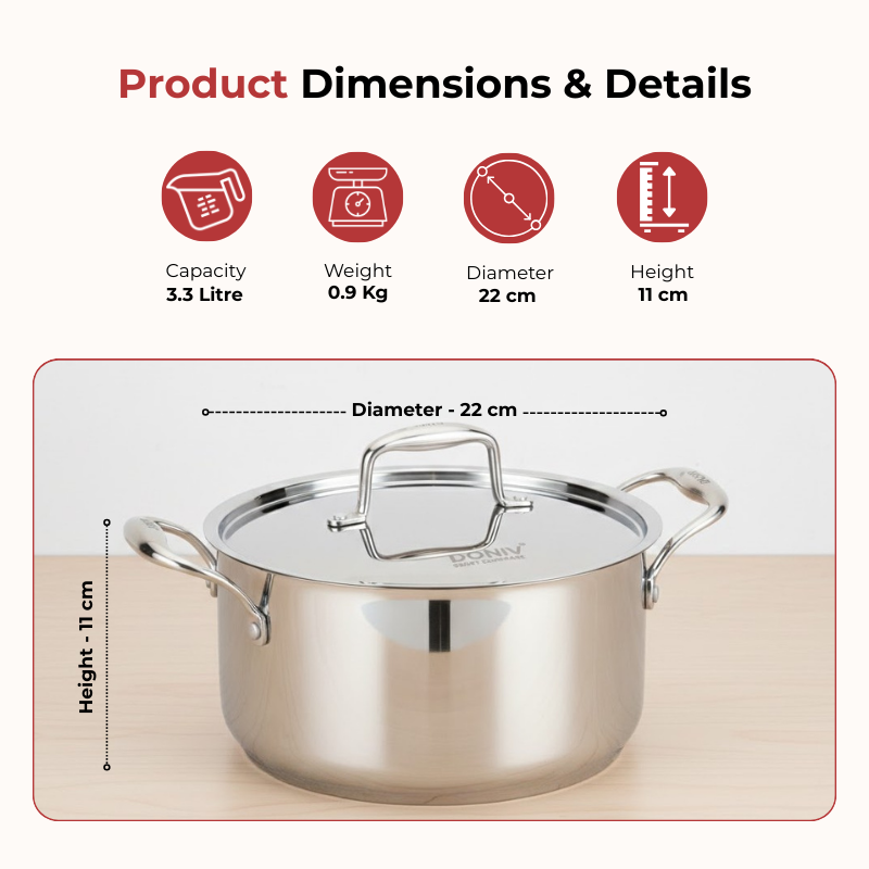 Vinod Doniv Titanium Triply Stainless Steel Sauce Pot with Cover 20 cms, 3.20 Liter, dimension chart