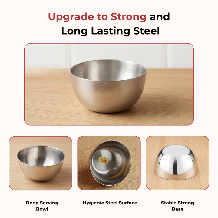 VINOD Stainless Steel Two Tone Bowl Set of 6 Pieces - 100 ml, Highest grade Steel, Rust Free, Easy to Clean, Dishwasher Safe